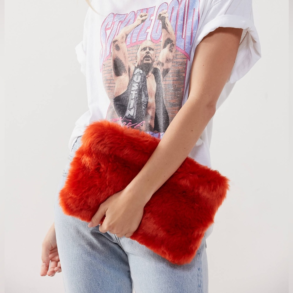 Urban Outfitters “Ava” Faux Fur Clutch – Vibrant Orange Wristlet - Picture 3 of 9